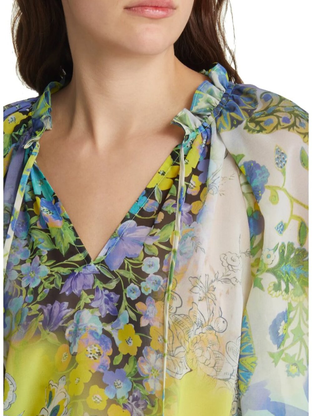 Kobi Halperin Tina Floral Print Ruffle Tie Neck Blouse XL